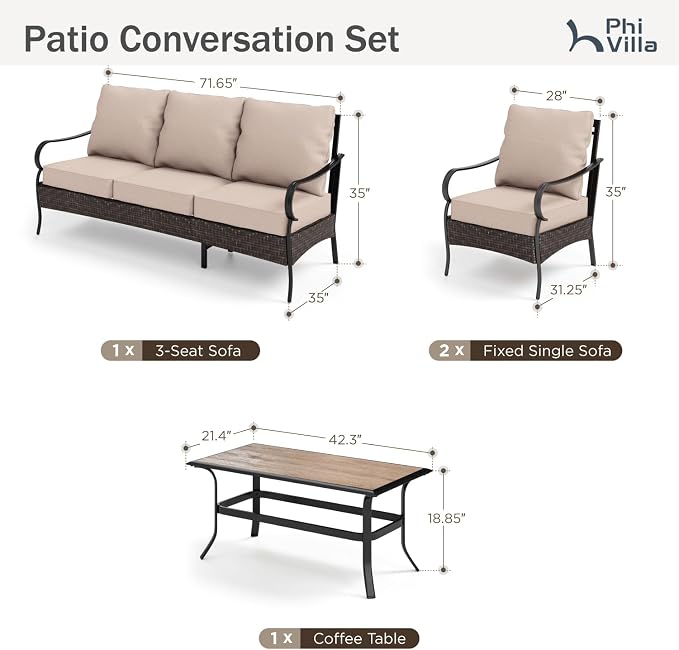 PHI VILLA Outdoor Patio Furniture Set，Premium Rattan Wicker Metal Patio Conversation Sets for Backyard w/Coffee Table, Seat Cushions