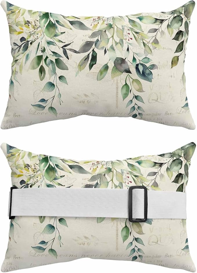 Lumbar Pillow Covers Set of 4, Eucalyptus Leaves Waterproof Outdoor Chaise Lounge Pillow Covers with Elastic Strap, Watercolor Weeping Teal Botanical Vintage Headrest Pillowcase for Patio, 11 x 16
