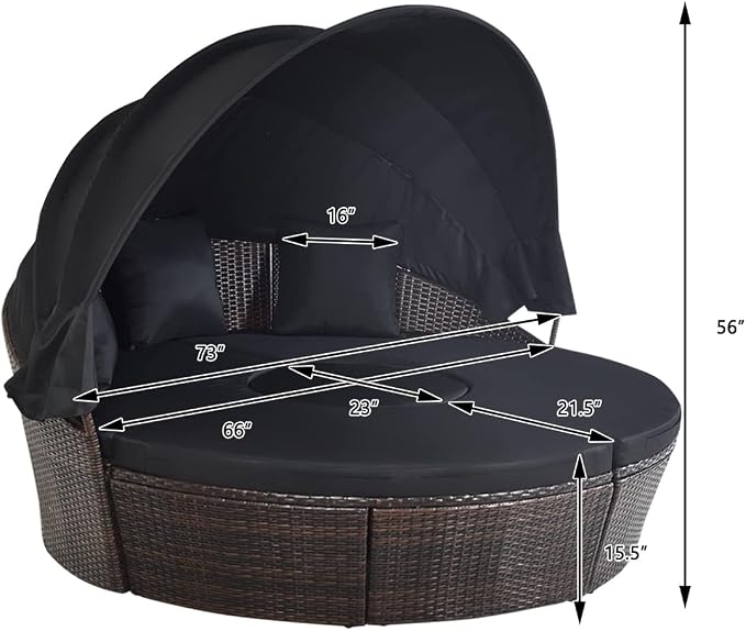 RELAX4LIFE Round Outdoor Daybed with Canopy, Rattan Wicker Sectional Sofa Set w/Cushions, Height Adjustable Table, Conversation Bed Lounger Separated Seating for Outside Pool, Patio Daybed (Black)