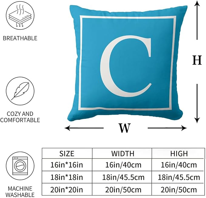 Monogram Initial Light Blue Outdoor Pillow Covers 18 x 18inches Decorative Pillow Case for Sofa Couch Bed (Pillow Insert Not Include)