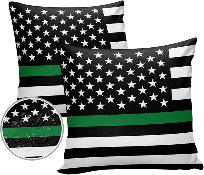 Outdoor Waterproof Pillow Covers Set of 2, Thin Green Line Flag Border Patrol, Park Ranger and Conservation Officer Patio Throw Pillow Covers, Decorative Cushion Case for Sofa Furniture, 20x20 Inch