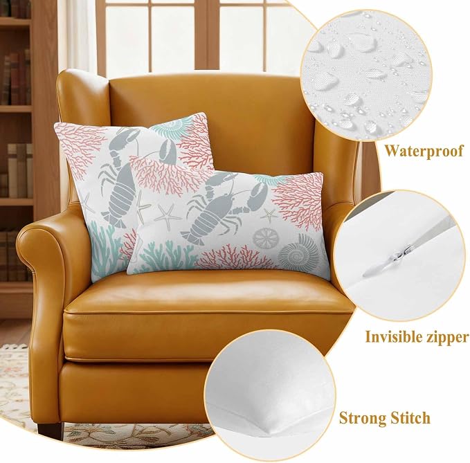 Teal Red Coastal Waterproof Outdoor Pillow Covers Set of 2 Home Decor Summer Lobster Coral Nautical Pillowcase Patio Pillow Covers for Couch Bench Patio Furniture Garden 24x24in