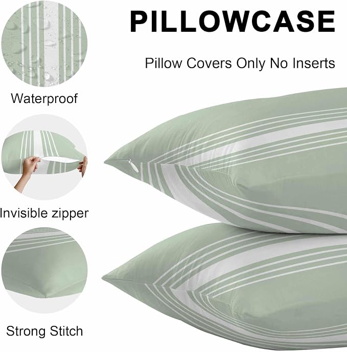 Sage Green White Stripe Outdoor Pillow Covers 18x18 Inch Throw Pillow Covers Set of 2 Waterproof Decorative Pillow Cases Modern Rustic Vertical Striped Cushion Covers for Patio Furniture Garden Couch