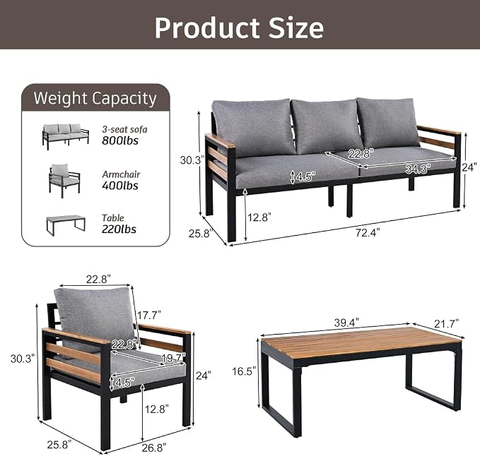 4-Piece Outdoor Furniture Sofa Set for 5 People with Armrests, Patio Conversation Set with Removable Cushion and Solid Wood Coffee Table for Garden, Grey