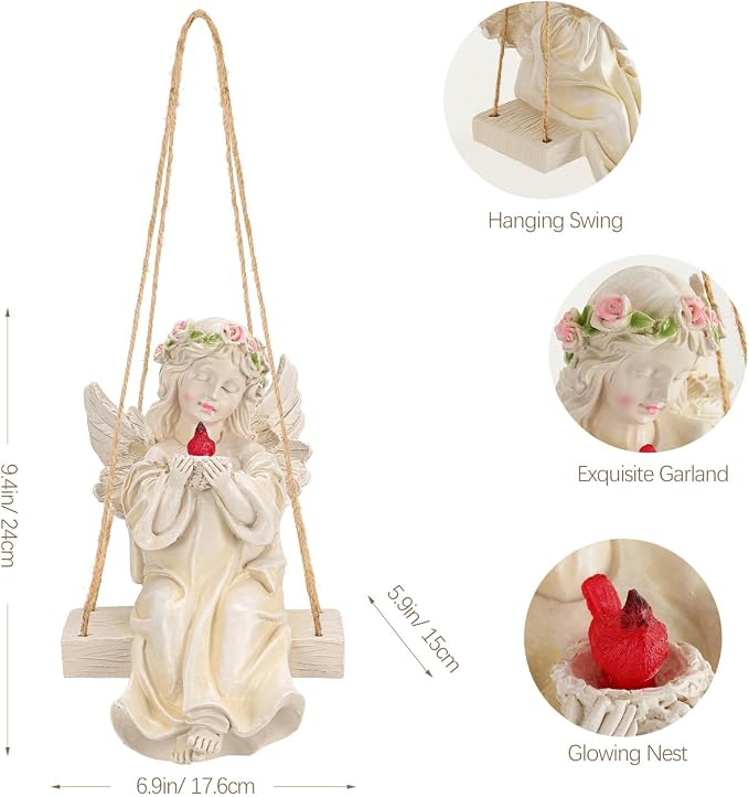 Angel Garden Statue,Fairy Solar Garden Decor with Warm Light | Waterproof Angel Statue with Swing & Holding Bird,Outdoor Garden Decor for Lawn Yard Patio Windowsill Garden Gifts, Apricot