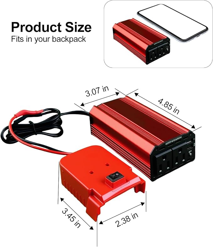 300W Portable Power Inverter Compatible with Milwaukee, DC 18V/20V to AC 110V-120V, Power Converters with 3 USB 1 Type C 2 AC Outlets, Portable Power Station for Vehicles Camping Road Trip