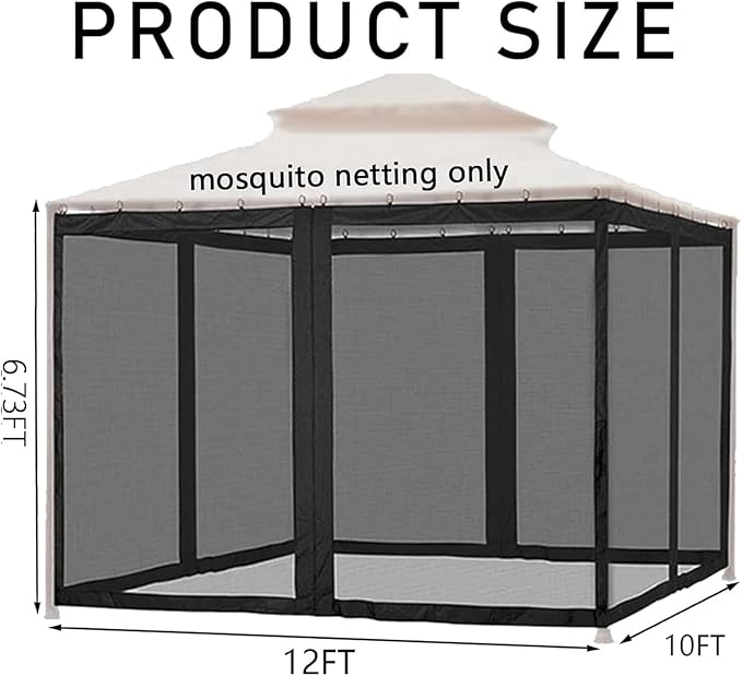 10' x 12' Gazebo Universal Replacement Mosquito Netting,Black Outdoor Canopy Net Screen 4-Panel Sidewall Curtain, with Zippers,Mosquito Netting（Only）