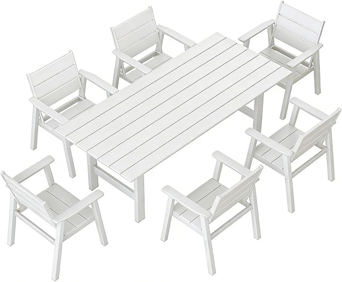 Outdoor Dining Set for 6, 7-Piece Patio Table and Chairs Set, HDPE Outdoor Dining Table and Chairs with Umbrella Hole, All-Weather Dining Furniture Set,White