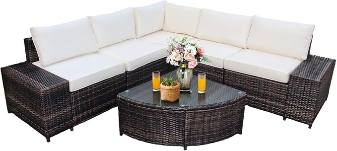 Tangkula 6 Piece Wicker Patio Furniture Set, Outdoor All Weather PE Rattan Conversation Set w/Tempered Glass Coffee Table, Sectional Sofa Set w/Comfortable Cushions for Backyard, Garden (White)