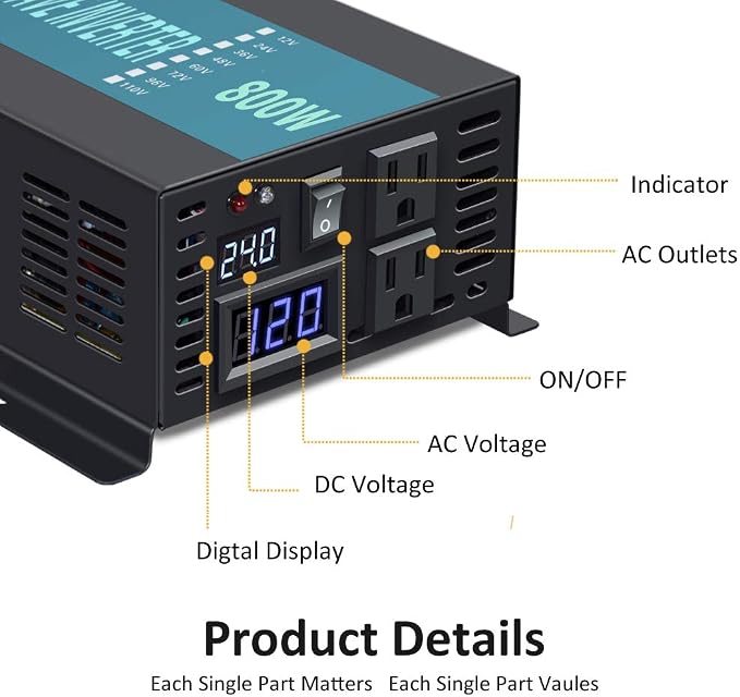 WZRELB Backup Power Off Grid Pure Sine Wave Inverter 800W 24Vdc to 120Vac 60Hz USA Outlets Power Converter, (RBP80024B1)