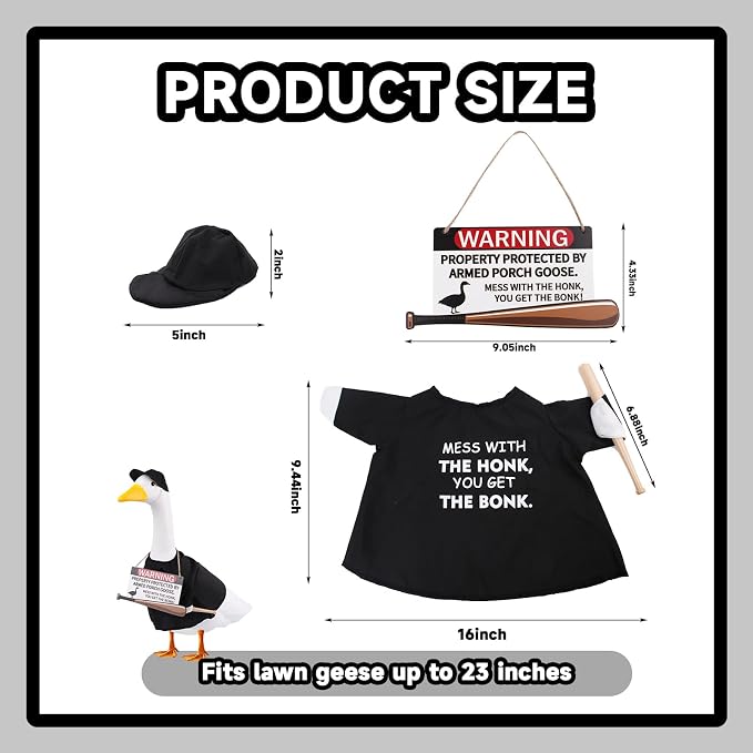 CAMDUCK Porch Goose Outfit with Baseball Bat and Porch Goose Sign Mess with The Honk You Get The Bonk Porch Goose Accessories for Plastic Cement Goose Statue Garden Yard Patio Lawn Outdoor Decor