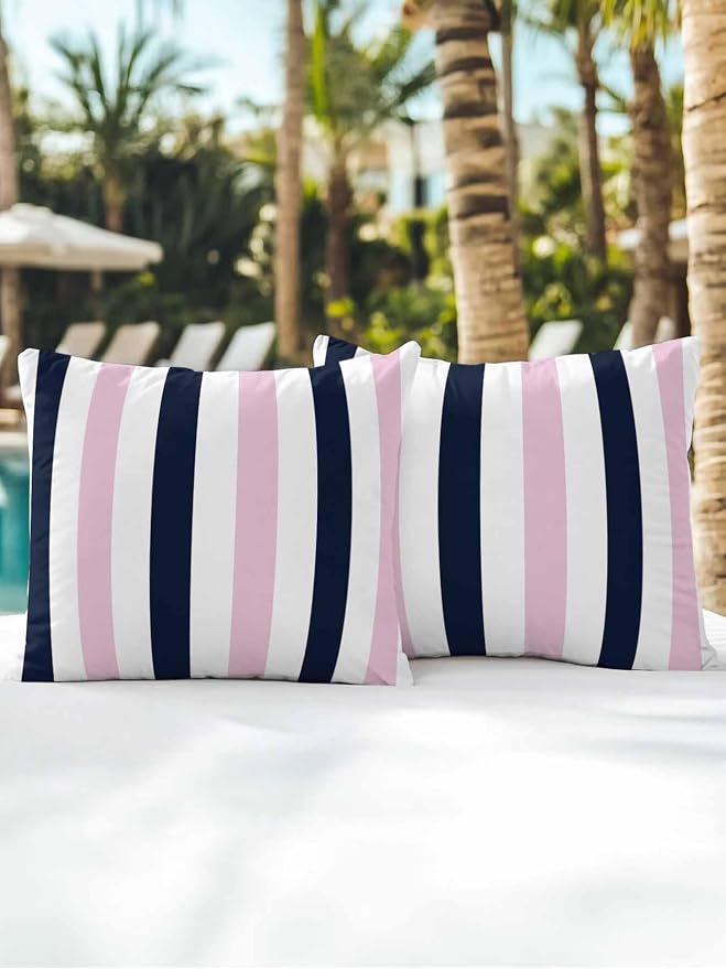 Outdoor Pillows Waterproof, Pink Navy Blue Striped Bedding Throw Pillows with Insert for Couch Sofa Bed, Farmhouse Stripe Art 18x18 Inch Pillowcases Decorative Camping Patio Pillow Set of 2