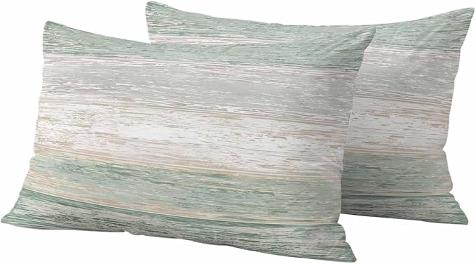Green Gray Outdoor Pillow Covers 20"x12" Set of 2, White Gradient Rustic Striped Minimalist Country Waterproof Throw Pillow Covers for Patio Furniture, Decorative Cushion Covers for Porch