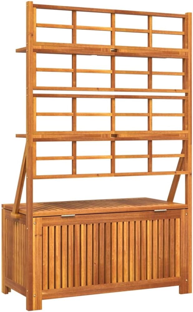39"x19.7"x63" Outdoor Storage Box with Trellis, Solid Acacia Wood Patio Deck Box for Garden Tools, Rustic Brown, Weather-Resistant Chest for Yard, Balcony & Porch