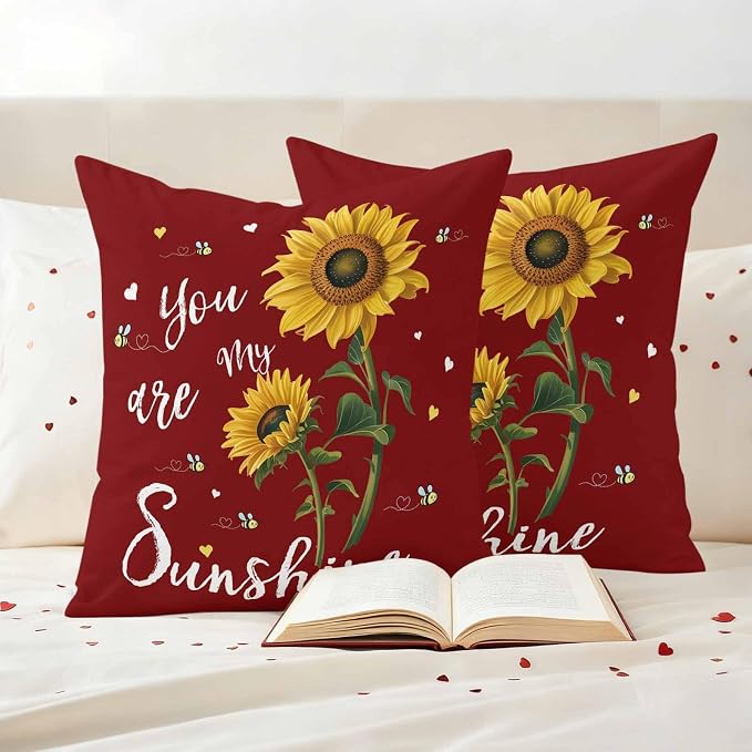 You Are My Sunshine Outdoor Pillow Covers Set of 2 Vintage Country Yellow Sunflower Floral Bees Heart Red Waterproof Throw Pillow Cover Decorative Cushion Cases for Patio Porch Garden 26X26 Inch