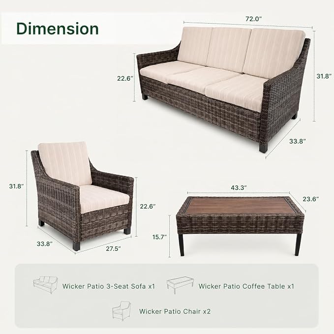 Wicker Patio Conversation Set, Outdoor Patio Chair Set with Deep Seating, Wide Armrests & Thick Cushions, All-Weather Outdoor Furniture Set for Patio, Porch, Deck & Backyard