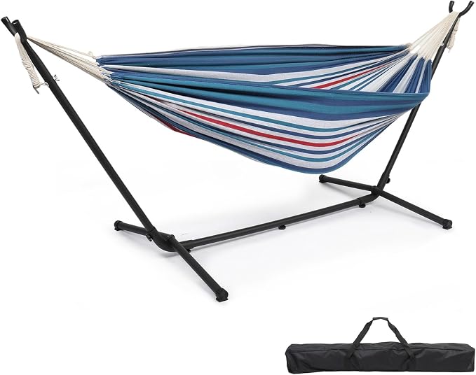 Double Hammock with Steel Stand, 550lbs Heavy Duty 2 Person Hammock for Outdoor Patio Garden, Portable Hammock Bed with Carrying Bag, 6-Level Adjustable Height, Blue & White