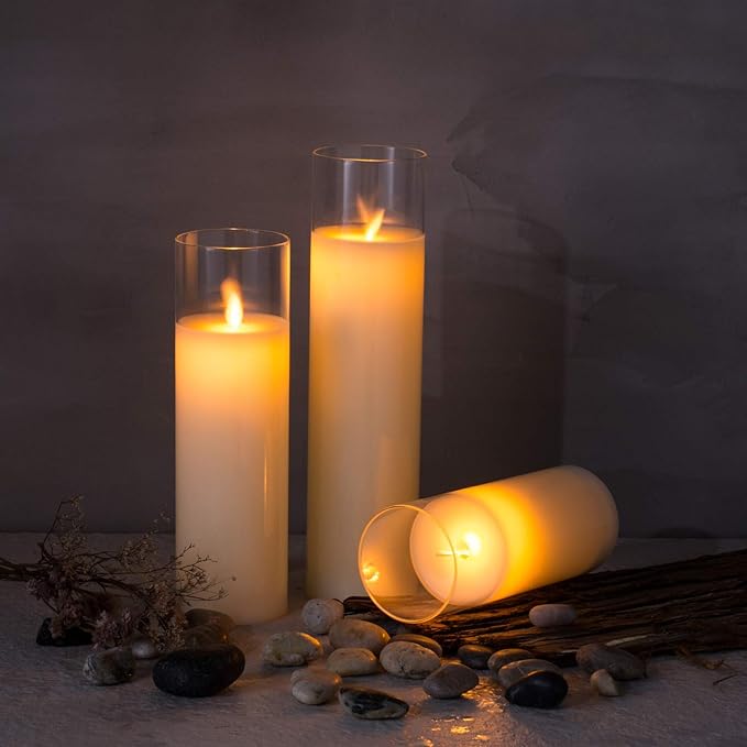 AKU TONPA Pack of 3 Flameless Candles Battery Operated Real Wax Glass Flickering LED Candle Sets with Remote Control Cycling 24 Hours Timer (3" x 8" 10" 12")
