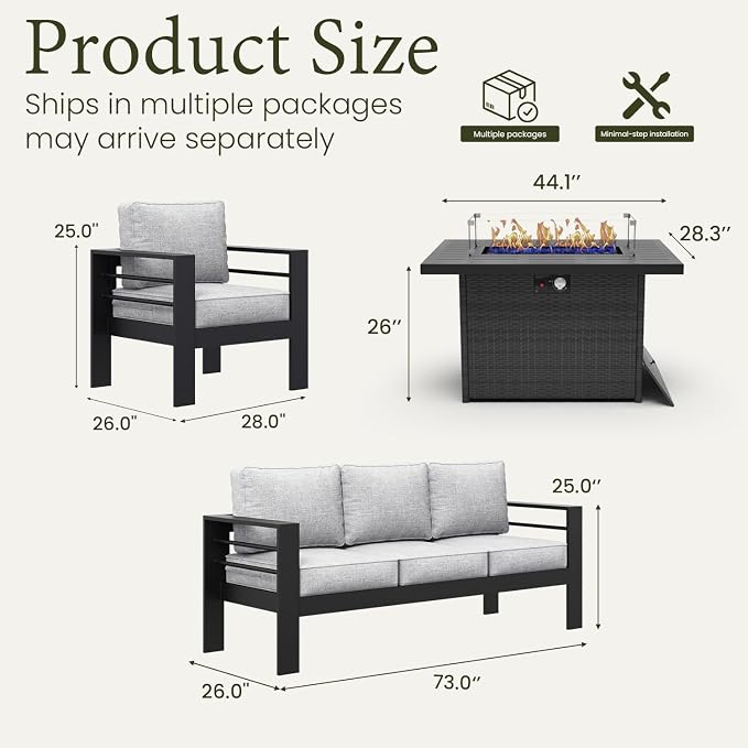 LayinSun Aluminum Furniture Set with Fire Pit Table, 4 Pieces Patio Sectional Conversation Chat Sofa Modern Seating Set