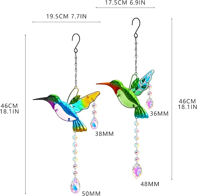 2PCS 18.1" Hummingbird Suncatchers,Stained Glass Window Hanging Ornament | Rainbow Maker Crystal Prism Suncatcher, Window Hanging Ornament, Indoor & Outdoor Home Garden Decor
