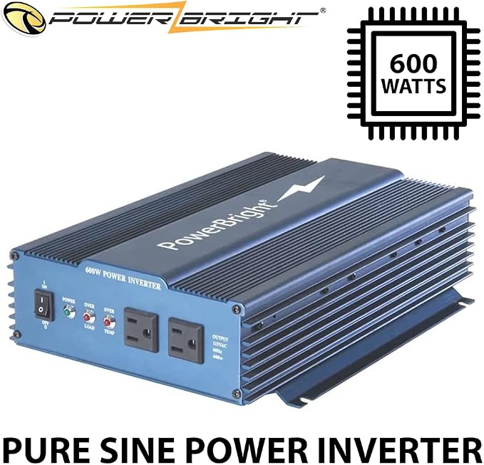 PowerBright 600 Watt Pure Sine Wave Power Inverter, 12 V DC to 120 V AC Car Inverter w/ Dual 120 Volt AC Outlets & Overload Indicator. Perfect for Camping, Emergency, Hurricane & Storm Outage