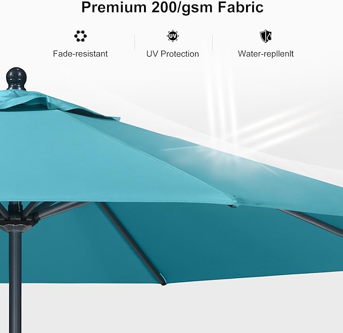 PURPLE LEAF 9' Round Patio Umbrella Outdoor Table Umbrella Aluminum Frame Market Umbrella Sun Umbrella with 8 Sturdy Ribs Tilt for Garden Deck Lawn Pool Turquoise Blue