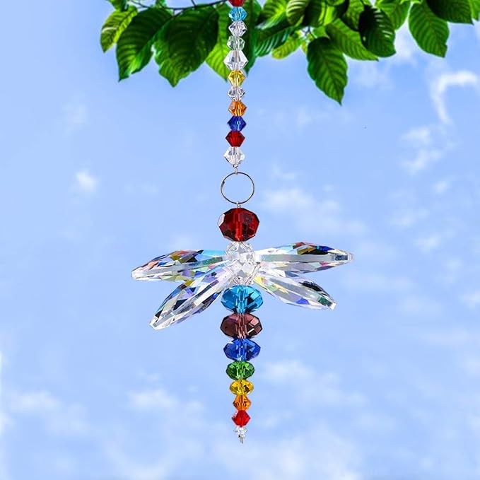 Crystal Dragonfly Suncatcher Rainbow Maker Window Hanging Pendant Decor | Dragonfly Crystal Prism Suncatcher Rainbow Light Catcher Feng Shui Pendant for Window Car Rear View Mirror Home Garden Decor