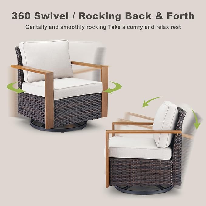 Rilyson Outdoor Wicker Patio Furniture Set - 7 Piece Patio Conversation Set with 4 Wicker Swivel Rocker Chairs,2 Rattan Ottoman and 1 Couch,Thick Cushions,Deep Seating,Wide Armrest(Brown/Beige)