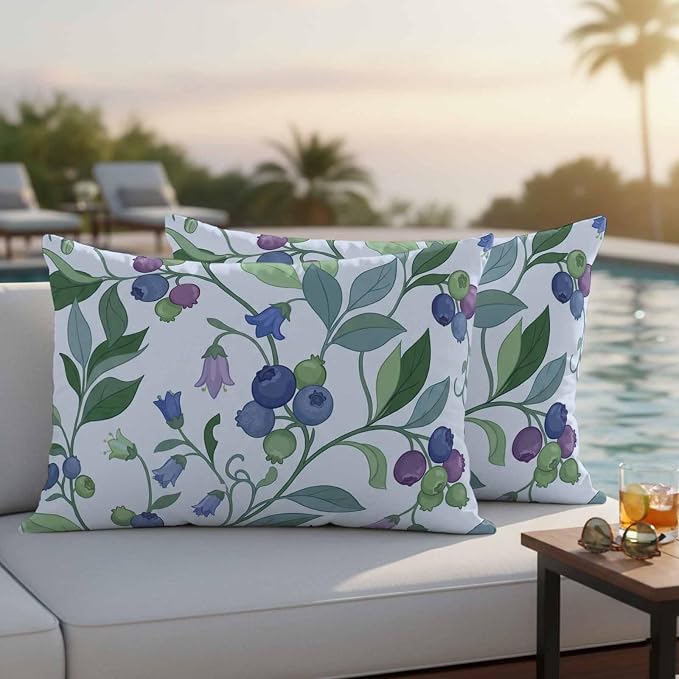 Blueberry Leaves Outdoor Pillow Covers 20"x12" Set of 2, Watercolor Blue Purple Fruit Floral Leaf Blue Waterproof Throw Pillow Covers for Patio Furniture, Decorative Cushion Covers for Porch