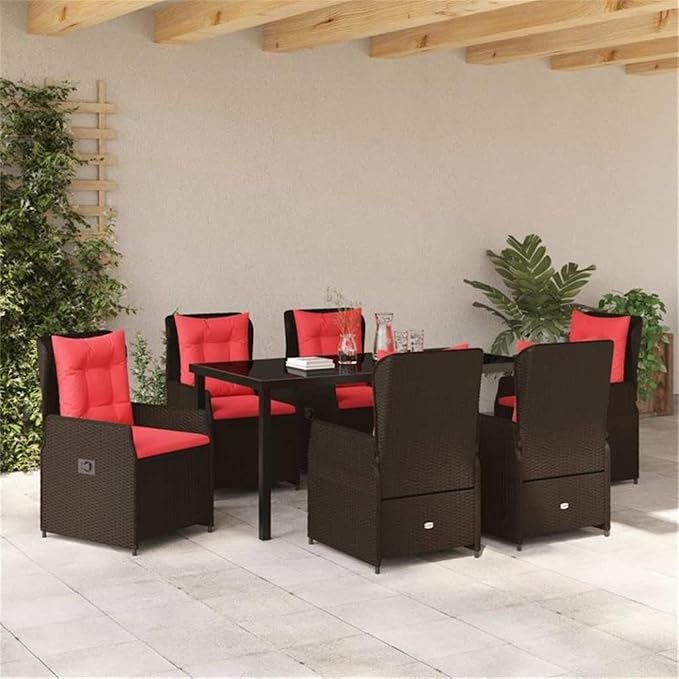 Afuera Living 7 Piece Poly Rattan Patio Dining Set, Brown Finish, Weather-Resistant Material, Powder-Coated Steel Frame, Adjustable Armrests, Seating for 6, Modern Outdoor Garden or Poolside Furniture