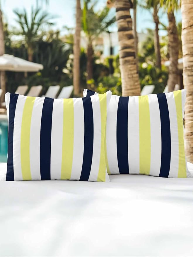 Outdoor Pillows Waterproof, Yellow Navy Blue Striped Bedding Throw Pillows with Insert for Couch Sofa Bed, Farmhouse Stripe Art 16x16 Inch Pillowcases Decorative Camping Patio Pillow Set of 2