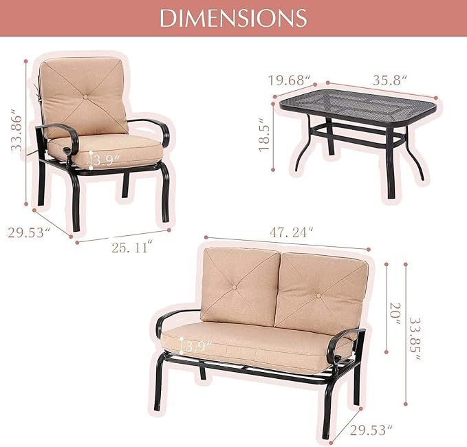 5Pcs Patio Conversation Set Outdoor Wrought Iron Furniture Set with 1 Glider,1 Loveseat, 2 Single Chairs, and Coffee Table, for Courtyard, Garden, Backyard(Brown)