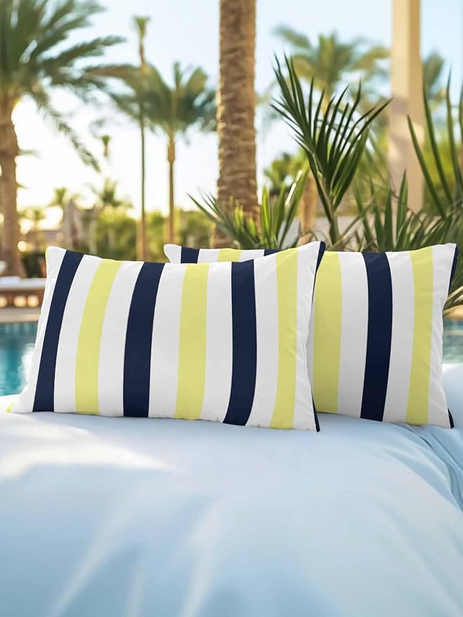 Outdoor Pillows Waterproof, Yellow Navy Blue Striped Bedding Throw Pillows with Insert for Couch Sofa Bed, Farmhouse Stripe Art 12x20 Inch Pillowcases Decorative Camping Patio Pillow Set of 2