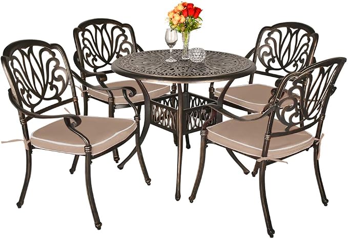 TITIMO 5 Piece All-Weather Cast Aluminum Outdoor Patio Deck Dining Set w/Round Table and 4 Chairs, Khaki Cushions, Umbrella Hole - Deep Bronze