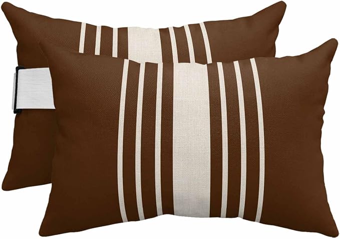 Outdoor Pillow for Chaise Lounge Chair Vintage Brown Striped Linen Headrest Pillow with Adjustable Elastic Strap Set of 2,11x16 inch, Geometric Modern Art Waterproof Head Pillows for Patio Pool Beach