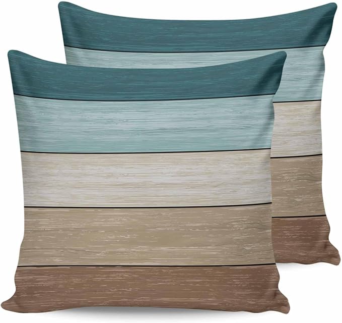 Vandarllin Outdoor Throw Pillow Covers 24X24 Set of 2 Waterproof Teal Blue Brown Decorative Zippered Cushion Covers for Patio Furniture, Farmhouse Retro Rustic Barn Wood Texture Lumbar Pillowcases