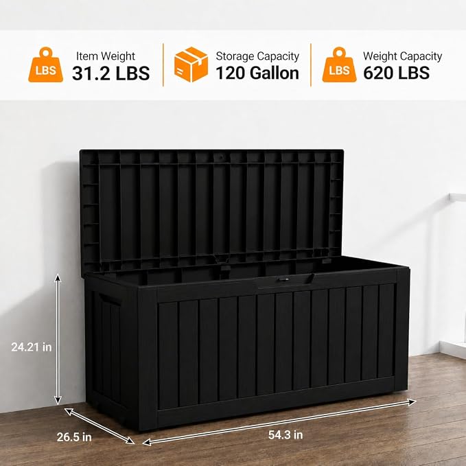 LAUSAINT HOME 120 Gallon Outdoor Deck Box, Waterproof Resin Storage Box with Lock, Patio Cushion Storage, Garden Tool Organizer, Pool Storage Container, Outdoor Storage Bench,Black