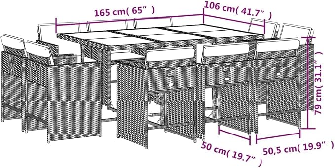 11 Piece Patio Dining Set with Cushions Gray Poly Rattan Outdoor Table and 10 Chairs Tempered Glass Top Foldable Storage Weather Resistant Garden Furniture for Backyard Deck Entertaining