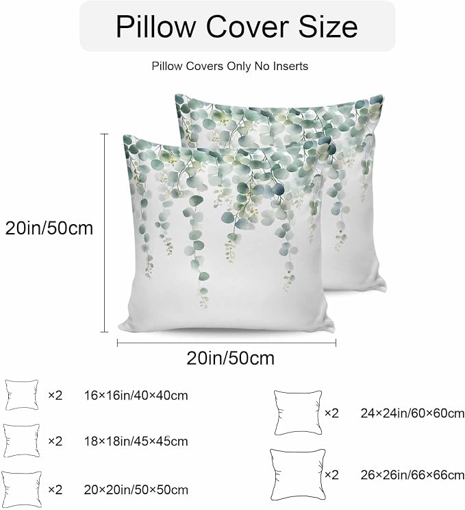 Eucalyptus Leaves Waterproof Outdoor Pillow Covers Set of 2 Home Decor, Pastoral Rustic Botanical Watercolor Pillowcase Patio Pillow Covers for Couch Bench Furniture Garden 20x20in