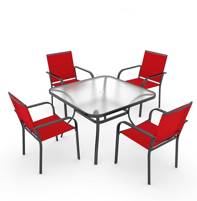 Anmutig 5-Piece Outdoor Patio Dining Set 37-Inch Square Glass Table with 4 Stackable Chairs for Lawn Backyard and Deck, Red