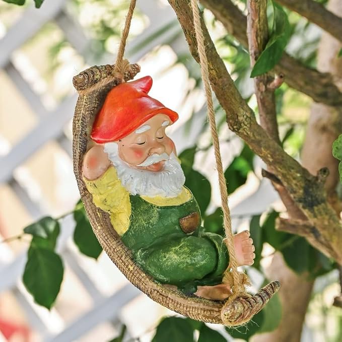 TERESA'S COLLECTIONS Green Garden Gnomes Statues for Garden Decor, Resin Hanging Decorations for Outdoor, Tree Ornaments Figurines for Outside Stump Lawn Patio, Gifts for Mom Women and Man, 8"