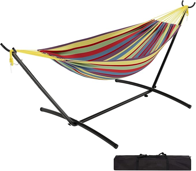 Double Hammock with Space-Saving Steel Stand - 2 Person Portable Heavy Duty Hammock with Carrying Bag for Outdoors & Indoors, Easy Assembly, 350 lbs Capacity, Yellow Rainbow Stripes