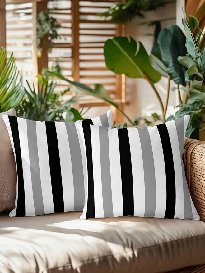 Outdoor Pillows Waterproof, Black Gray Striped Bedding Throw Pillows with Insert for Couch Sofa Bed, Farmhouse Stripe Art 16x16 Inch Pillowcases Decorative Camping Patio Pillow Set of 2