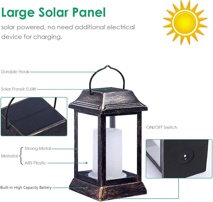 TomCare Flickering Flame Solar Lights Outdoor Metal Hanging Lantern, 4 Pack | Realistic Flame Effect, Charges in 6-8 Hours, 10-12-Hour Runtime, IP65 Waterproof, Auto On/Off for Patio, Garden and Porch
