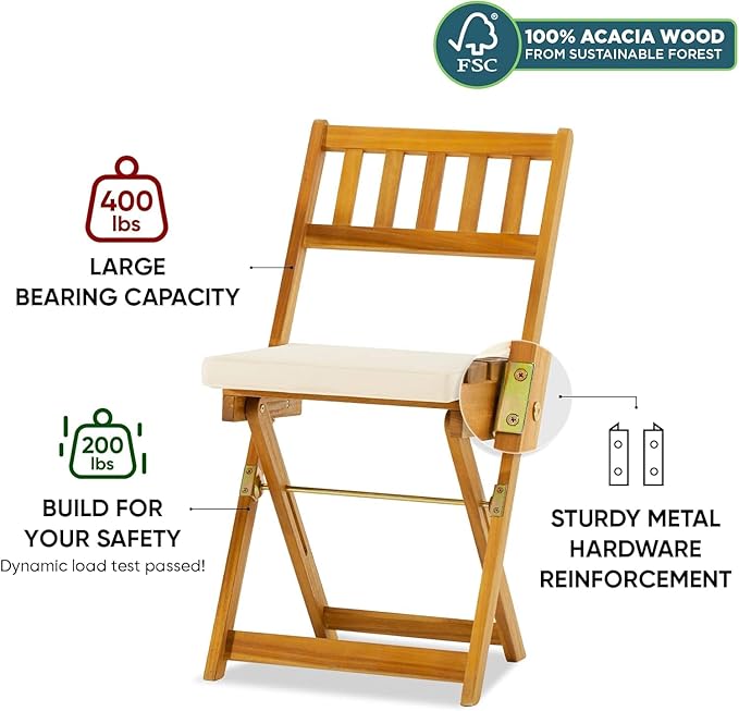 Idzo Heavy Duty 400lbs Capacity Patio Bistro Set 3 Piece Outdoor, Folding Chairs w/Cushion, Square Table, FSC-Certified Acacia Wood, Space-Saving Design for Balcony, Garden and Porch - Upgrade