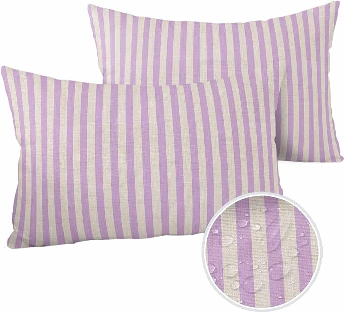 Outdoor Waterproof Throw Pillow Covers Set of 2 Purple Stripes Lumbar Pillowcases 20x12 Inches Linen Classic Vertical Striped Patio Decorative Pillows Cushion Case Patio Pillows for Couch Bed Garden