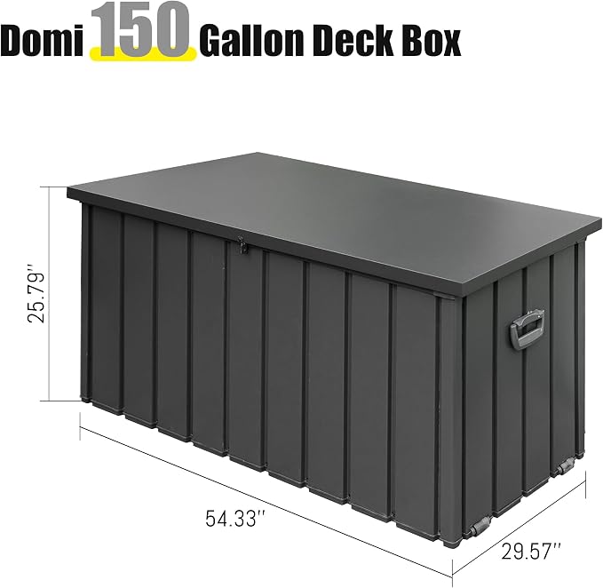 Domi Deck Box 150 Gallon Outdoor Storage Box, Large Metal Storage Cabinet Waterproof Lockable Container for Patio Furniture Cushions Garden Tools Pool-Supplies, Dark Grey