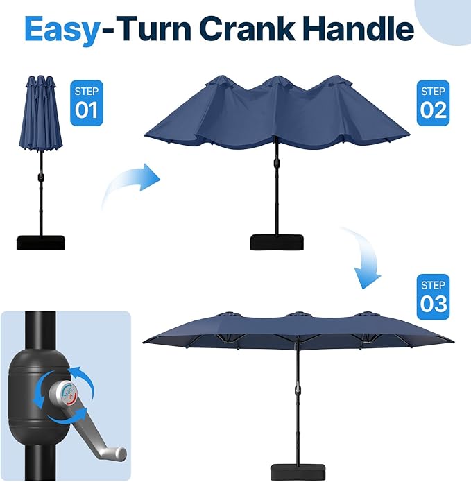 Suteck 15FT Patio Umbrella with Base Included, Double-Sided Rectangle Outdoor Large Umbrella with Crank Handle, UV & Fade Resistant Canopy for Poolside, Backyard, Deck and Market, Dark Blue