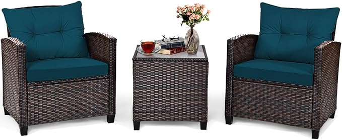 DORTALA Wicker Patio Furniture Set 3 Piece, Outdoor Table and Chairs with Tempered Glass Tabletop, Cushions, Small Rattan Conversation Sofa Set for Balcony, Porch, Backyard, Deck, Peacock Blue
