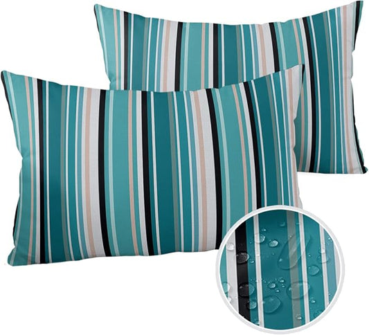 Outdoor Waterproof Pillow Covers for Patio Furniture Simple Stripe Decorative Throw Pillow Cover Geometric Pattern Pillowcases Set of 2 Cushion Case for Sofa Couch Chair Home Decor 20x12 inch